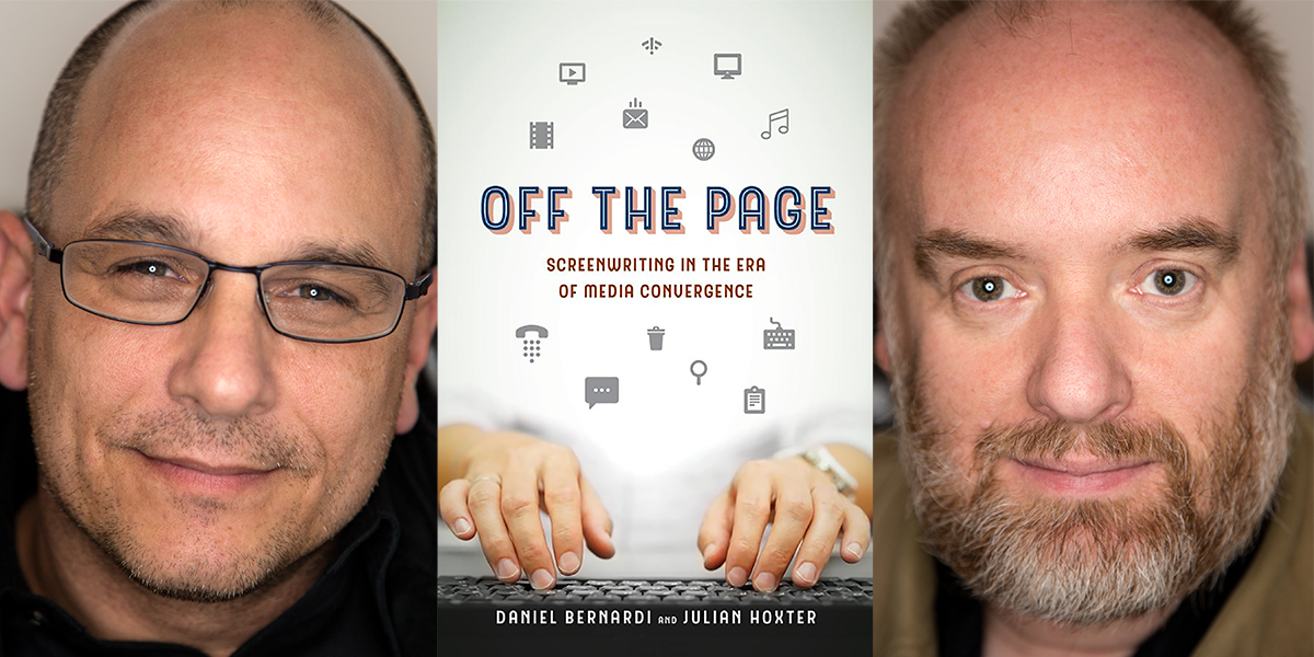 Photo of Daniel Bernardi, Image of Off the page book cover, photo of Julian Hoxter